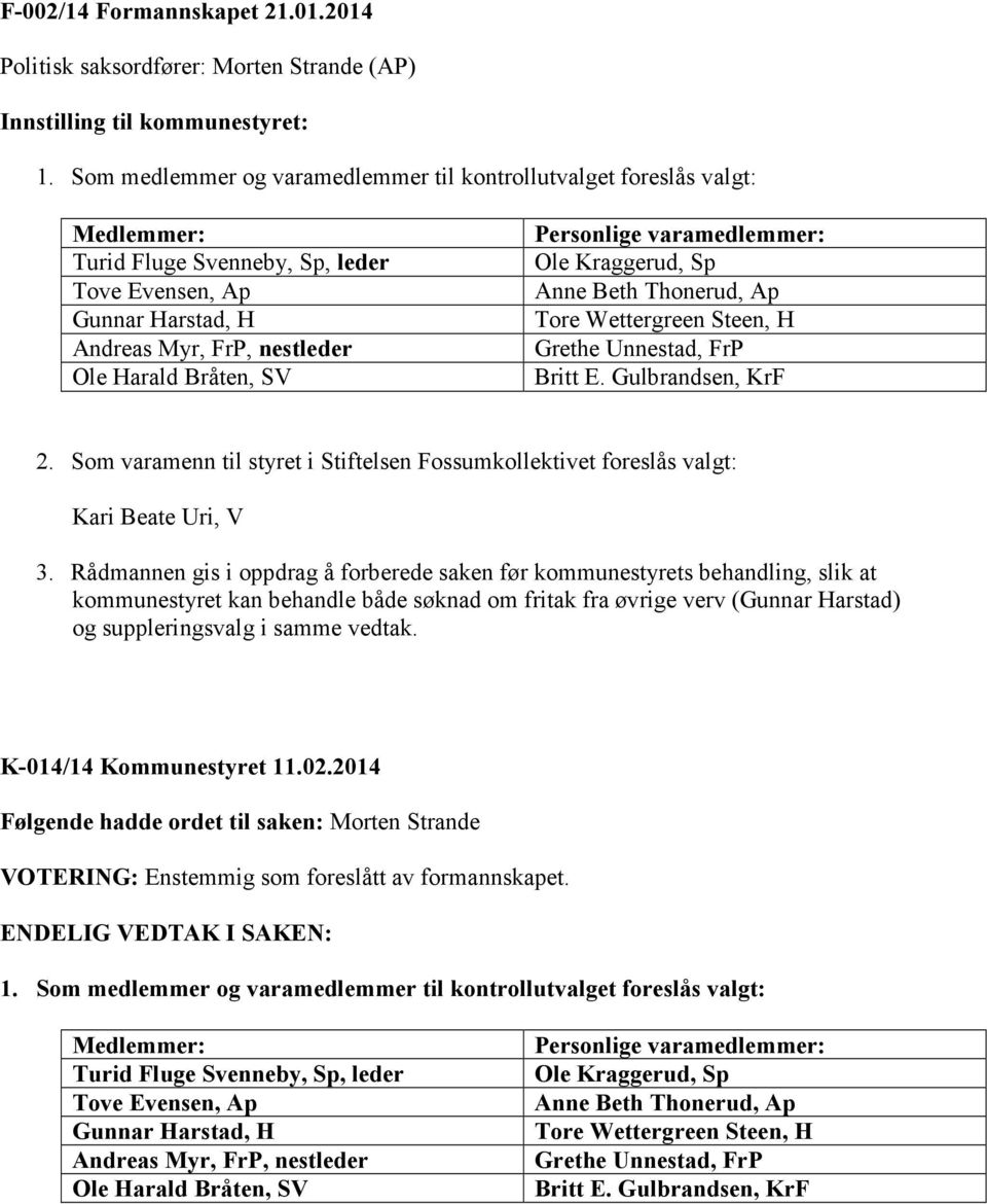 Personlige varamedlemmer: Ole Kraggerud, Sp Anne Beth Thonerud, Ap Tore Wettergreen Steen, H Grethe Unnestad, FrP Britt E. Gulbrandsen, KrF 2.