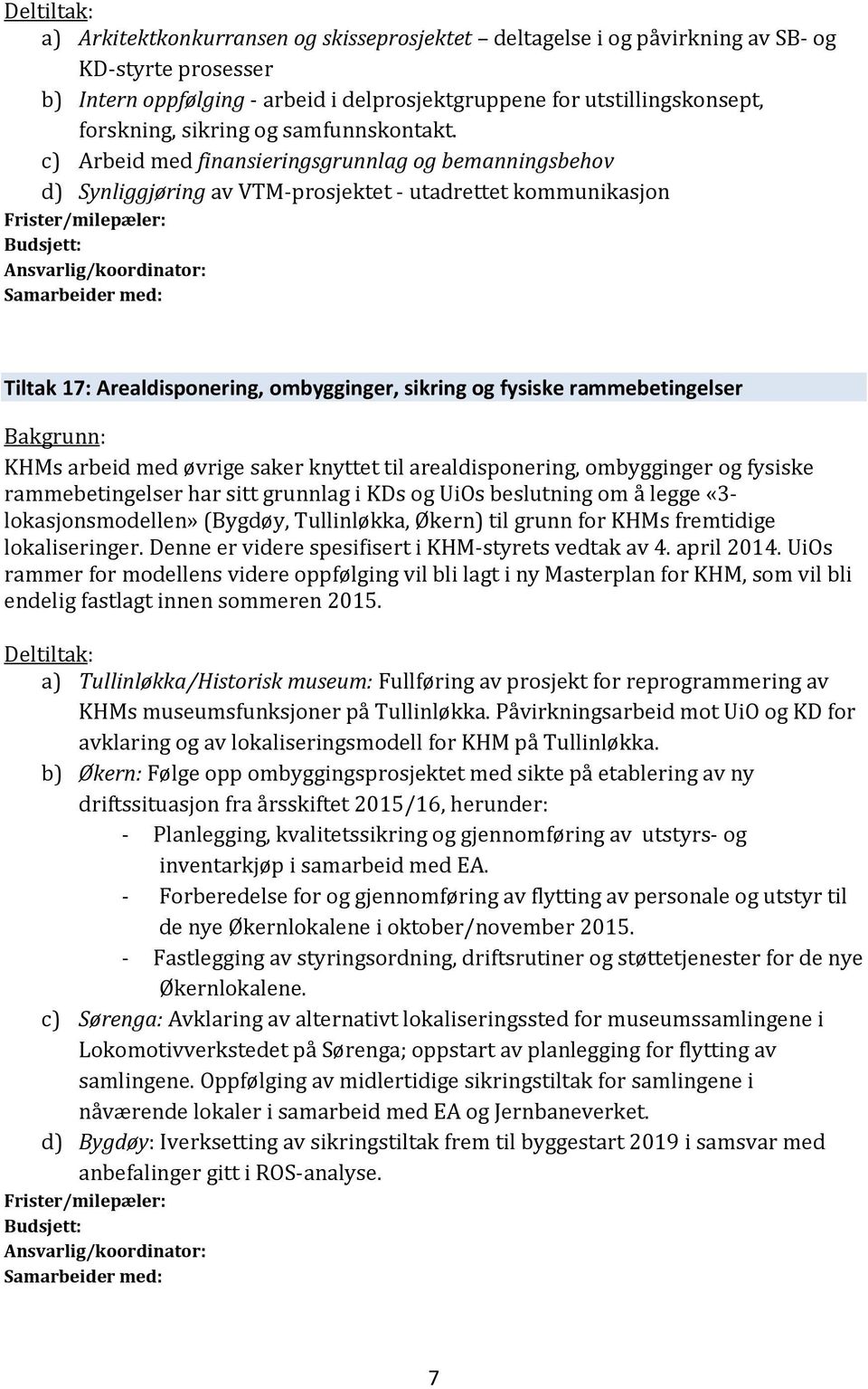 c) Arbeid med finansieringsgrunnlag og bemanningsbehov d) Synliggjøring av VTM-prosjektet - utadrettet kommunikasjon Tiltak 17: Arealdisponering, ombygginger, sikring og fysiske rammebetingelser KHMs