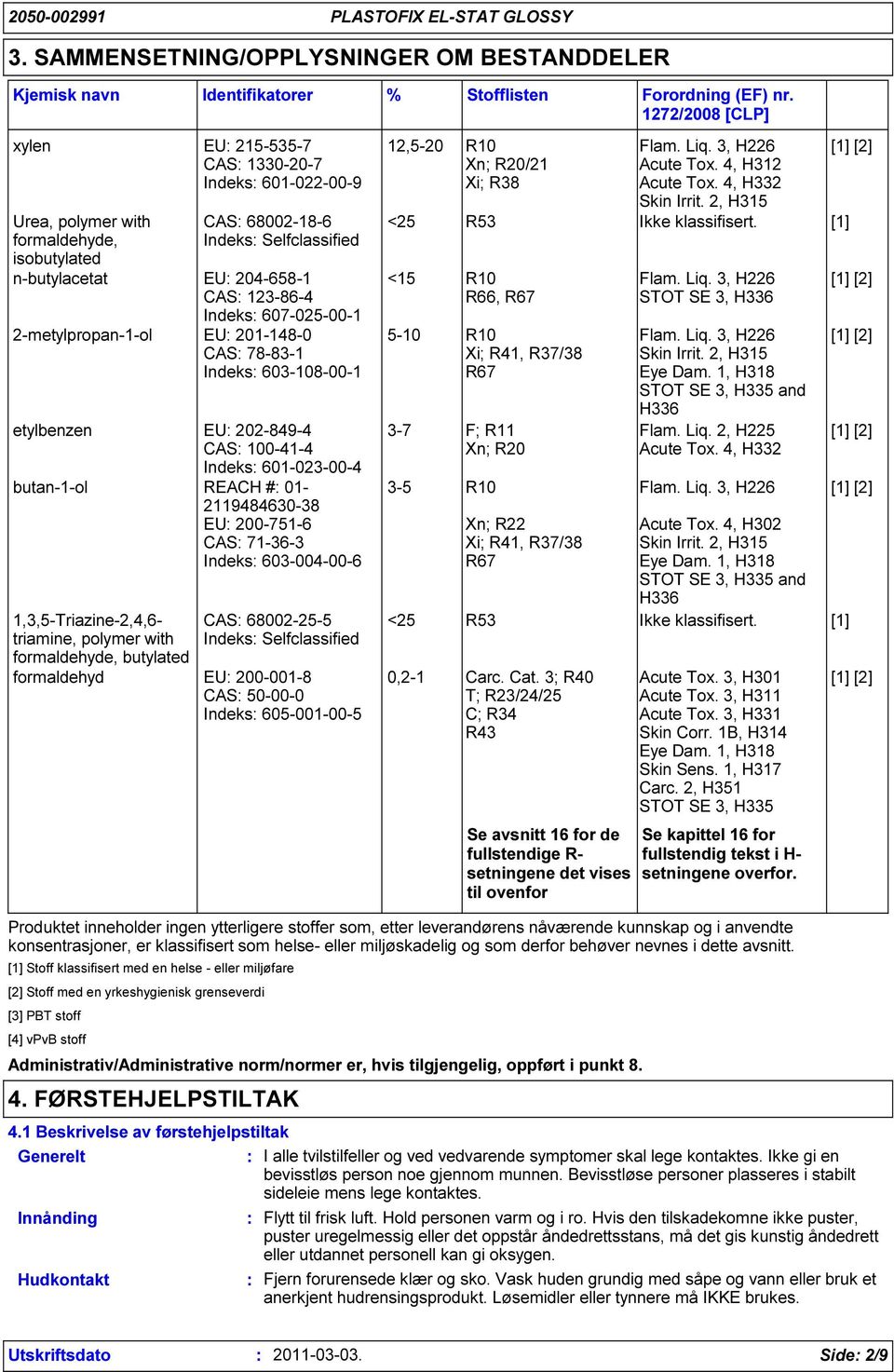 01-2119484630-38 EU 200-751-6 CAS 71-36-3 Indeks 603-004-00-6 1,3,5-Triazine-2,4,6- triamine, polymer with formaldehyde, butylated CAS 68002-25-5 Indeks Selfclassified formaldehyd EU 200-001-8 CAS