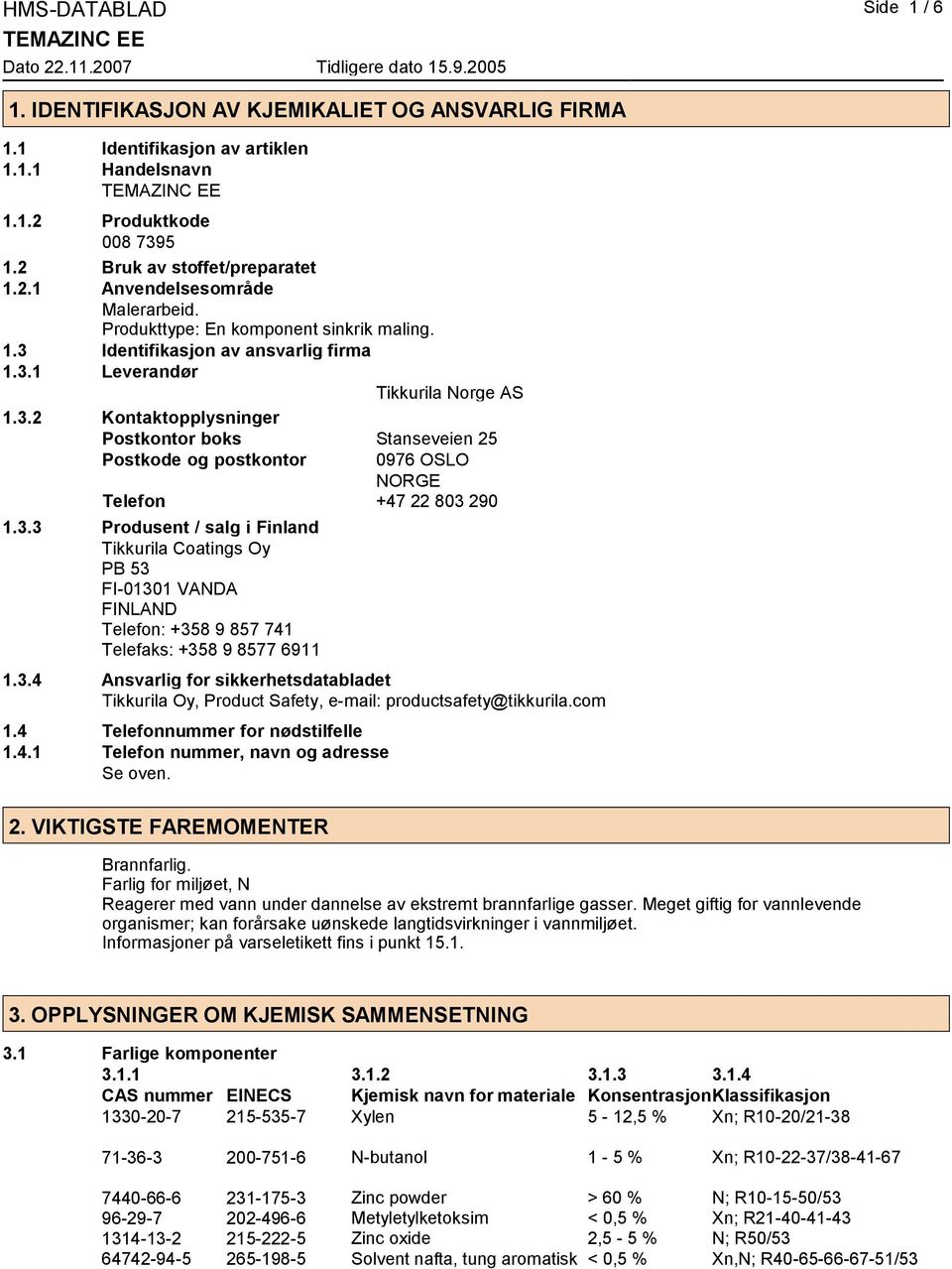 3.3 Produsent / salg i Finland Tikkurila Coatings Oy PB 53 FI-01301 VANDA FINLAND Telefon: +358 9 857 741 Telefaks: +358 9 8577 6911 1.3.4 Ansvarlig for sikkerhetsdatabladet Tikkurila Oy, Product Safety, e-mail: productsafety@tikkurila.