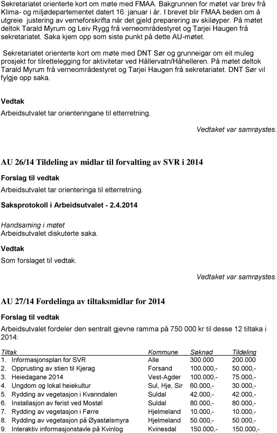 På møtet deltok Tarald Myrum og Leiv Rygg frå verneområdestyret og Tarjei Haugen frå sekretariatet. Saka kjem opp som siste punkt på dette AU-møtet.