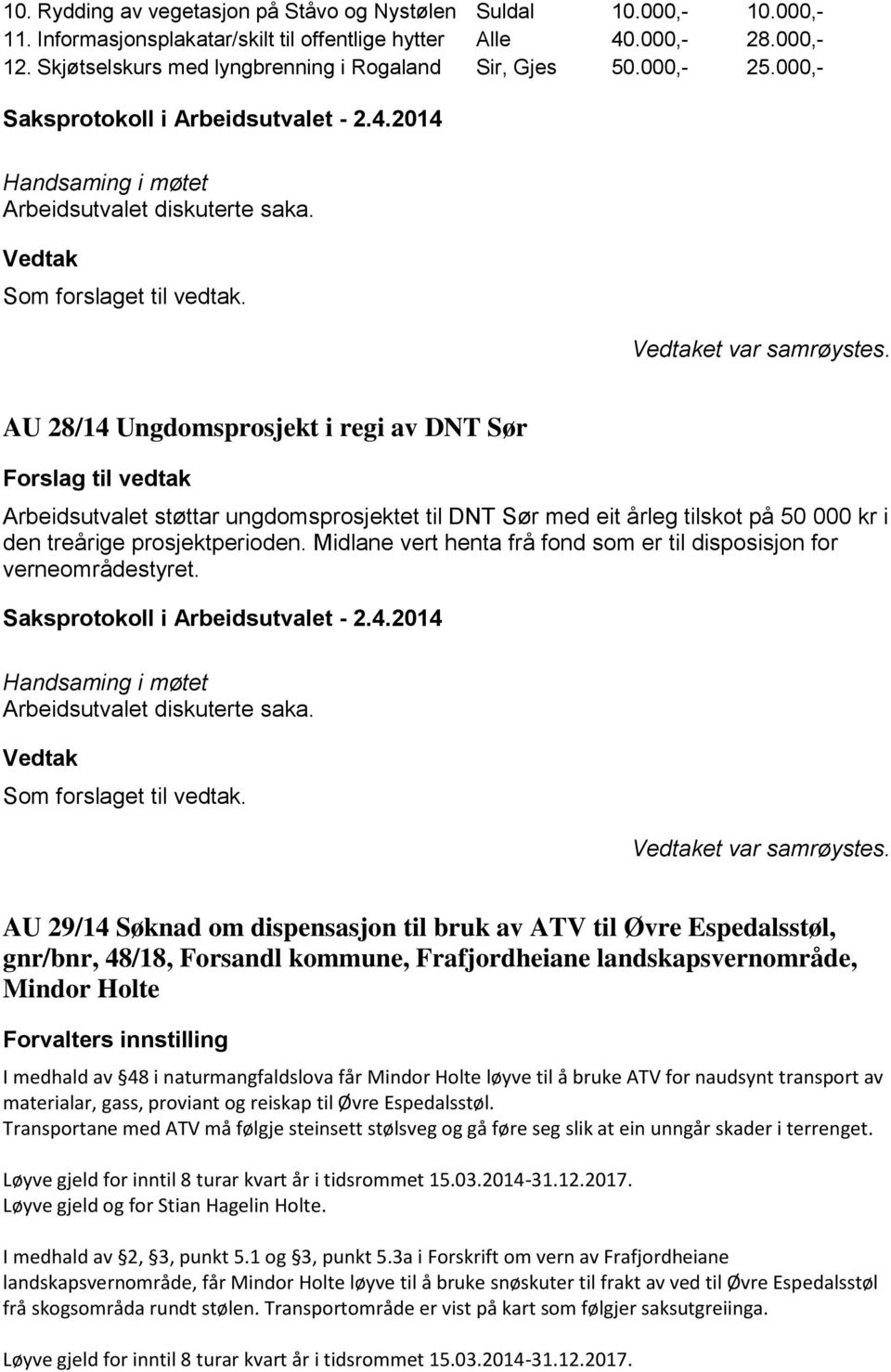 000,- AU 28/14 Ungdomsprosjekt i regi av DNT Sør Arbeidsutvalet støttar ungdomsprosjektet til DNT Sør med eit årleg tilskot på 50 000 kr i den treårige prosjektperioden.