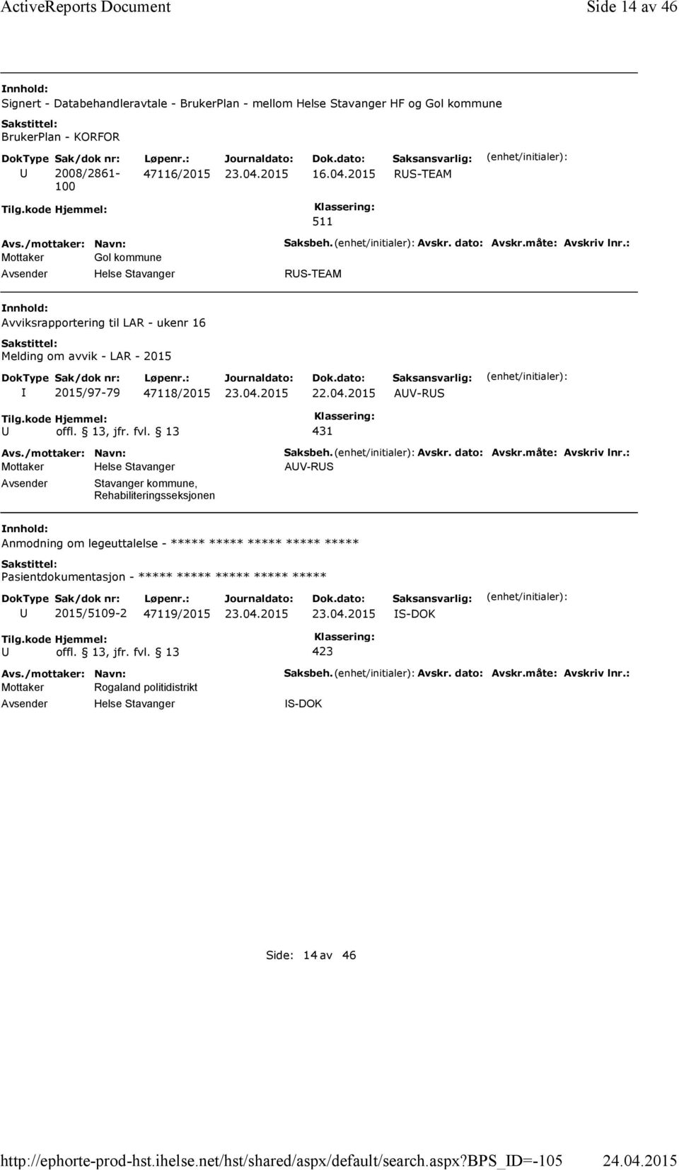 bps_d=-105 Side 14 av 46 Signert - Databehandleravtale - BrukerPlan - mellom Helse Stavanger HF og Gol kommune BrukerPlan - KORFOR 2008/2861-100 47116/2015 RS-TEAM 511 Mottaker