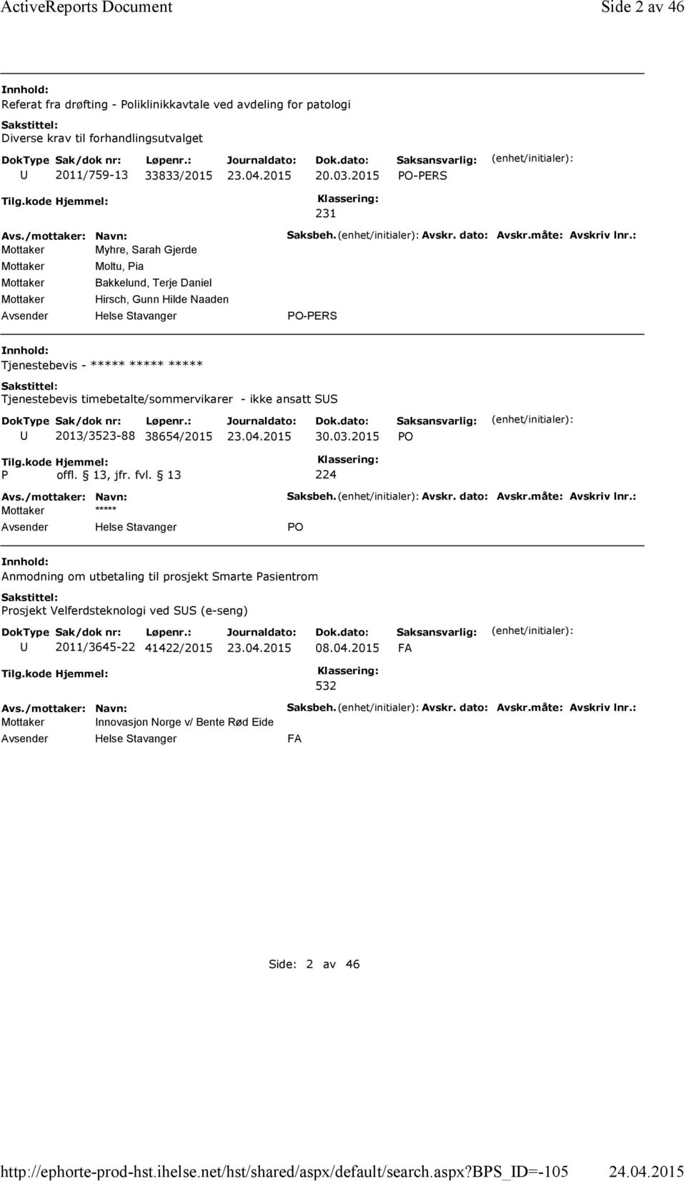 2015 PO-PERS 231 Mottaker Myhre, Sarah Gjerde Mottaker Moltu, Pia Mottaker Bakkelund, Terje Daniel Mottaker Hirsch, Gunn Hilde Naaden Saksbeh. Avskr. dato: Avskr.måte: Avskriv lnr.