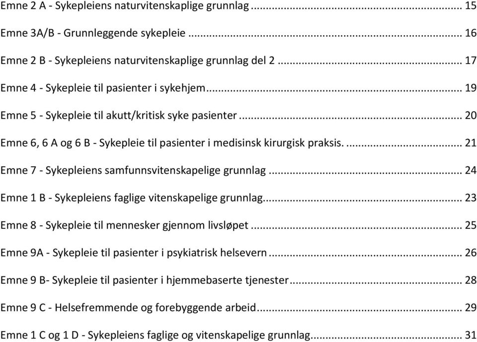 ... 21 Emne 7 - Sykepleiens samfunnsvitenskapelige grunnlag... 24 Emne 1 B - Sykepleiens faglige vitenskapelige grunnlag... 23 Emne 8 - Sykepleie til mennesker gjennom livsløpet.