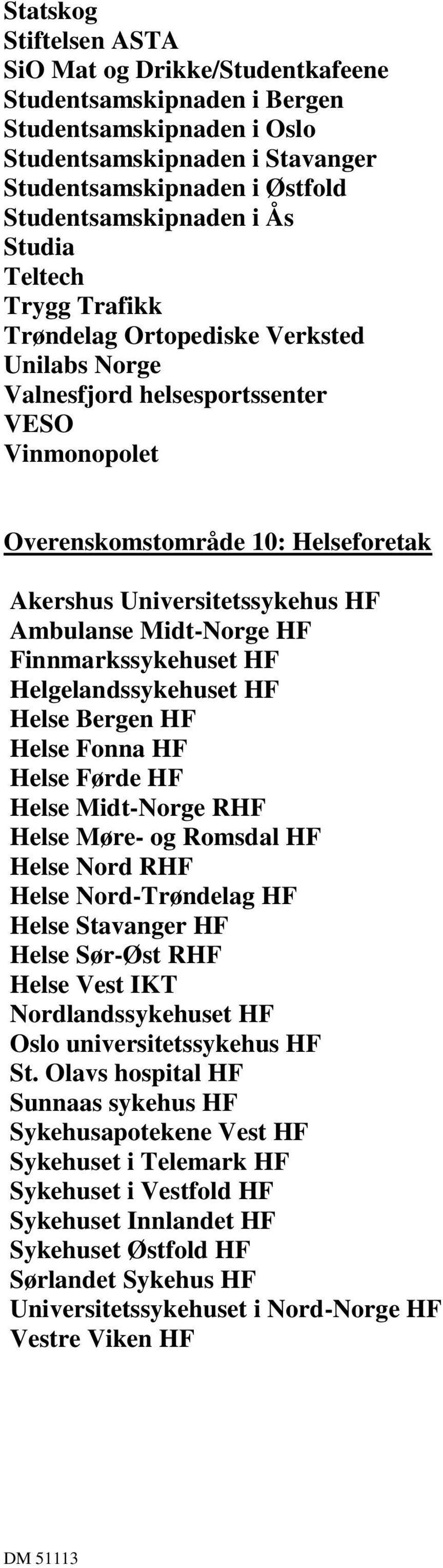 Ambulanse Midt-Norge HF Finnmarkssykehuset HF Helgelandssykehuset HF Helse Bergen HF Helse Fonna HF Helse Førde HF Helse Midt-Norge RHF Helse Møre- og Romsdal HF Helse Nord RHF Helse Nord-Trøndelag