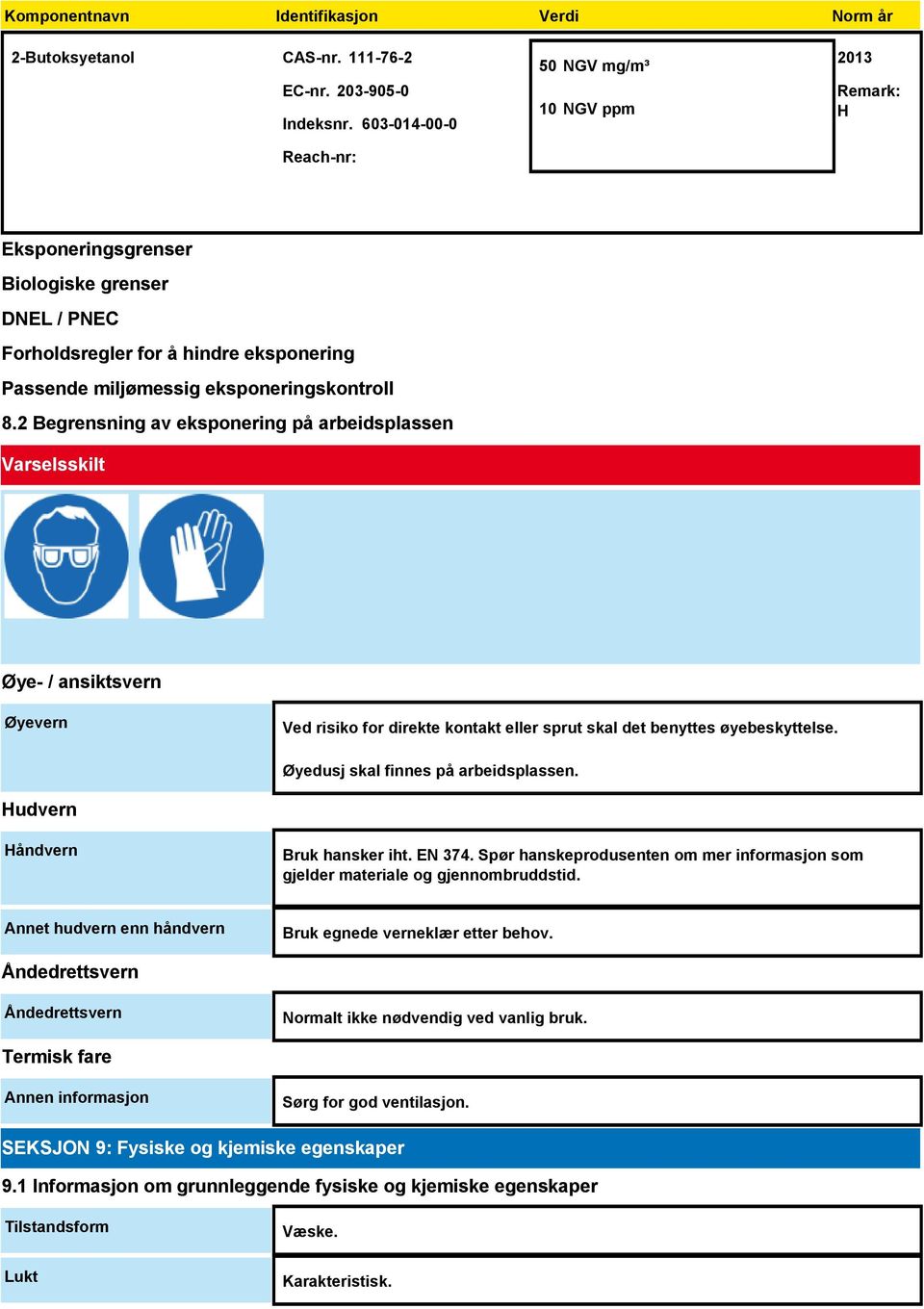 2 Begrensning av eksponering på arbeidsplassen Varselsskilt Øye- / ansiktsvern Øyevern Ved risiko for direkte kontakt eller sprut skal det benyttes øyebeskyttelse.