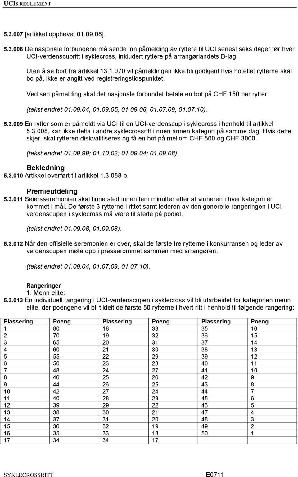 Ved sen påmelding skal det nasjonale forbundet betale en bot på CHF 150 per rytter. (tekst endret 01.09.04, 01.09.05, 01.09.08, 01.07.09, 01.07.10). 5.3.