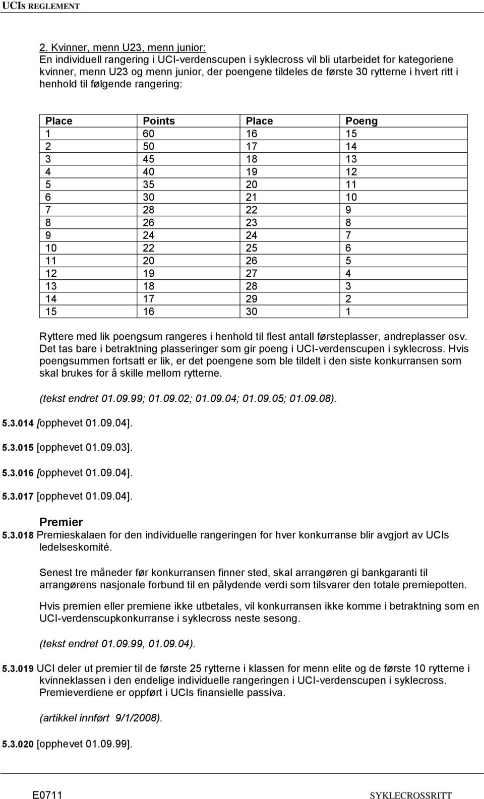 12 19 27 4 13 18 28 3 14 17 29 2 15 16 30 1 Ryttere med lik poengsum rangeres i henhold til flest antall førsteplasser, andreplasser osv.