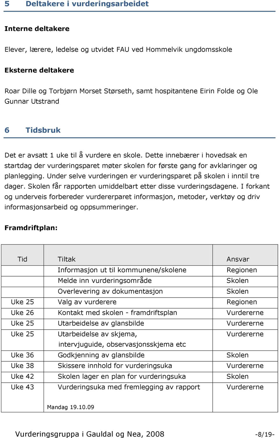 Dette innebærer i hovedsak en startdag der vurderingsparet møter skolen for første gang for avklaringer og planlegging. Under selve vurderingen er vurderingsparet på skolen i inntil tre dager.