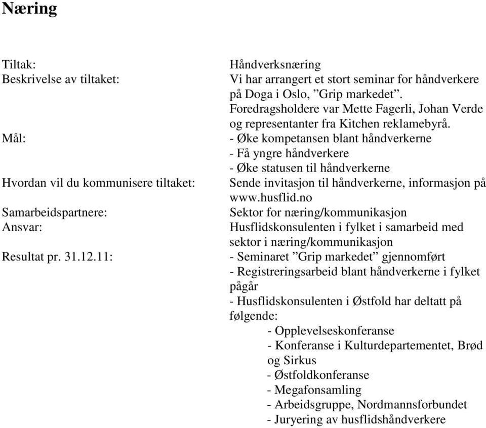 - Øke kompetansen blant håndverkerne - Få yngre håndverkere - Øke statusen til håndverkerne Sende invitasjon til håndverkerne, informasjon på www.husflid.