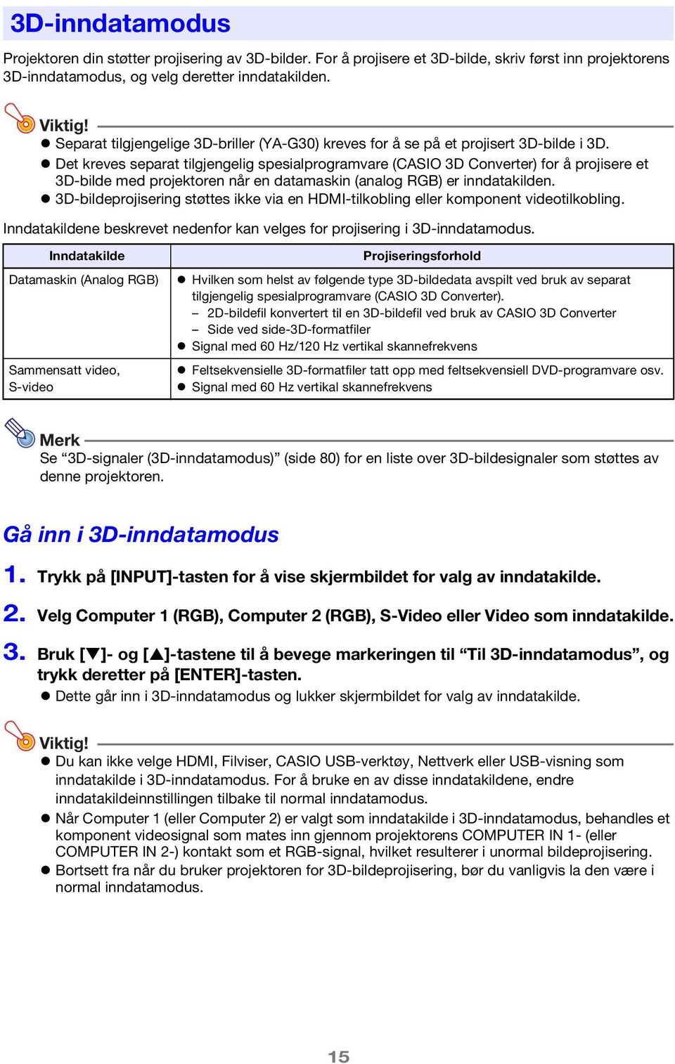 Det kreves separat tilgjengelig spesialprogramvare (CASIO 3D Converter) for å projisere et 3D-bilde med projektoren når en datamaskin (analog RGB) er inndatakilden.