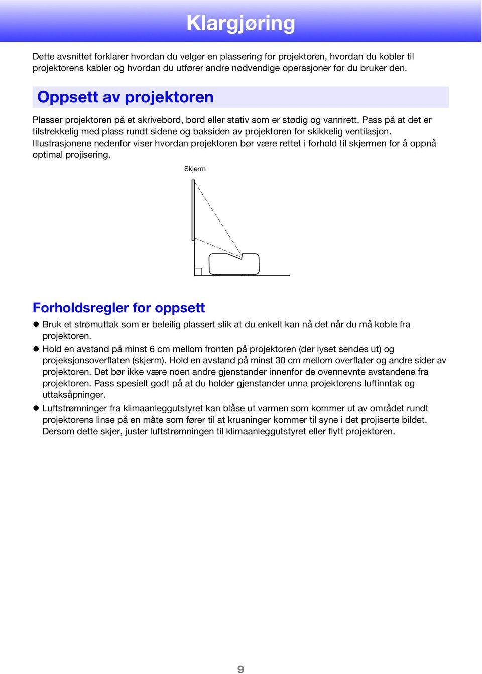 Pass på at det er tilstrekkelig med plass rundt sidene og baksiden av projektoren for skikkelig ventilasjon.