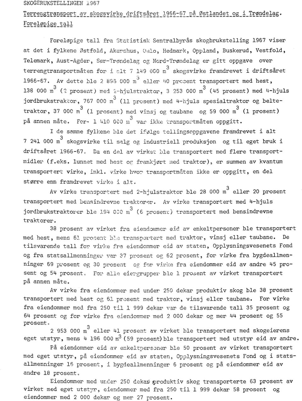 Sør-Trøndelag og Nord-Trøndelag er gitt oppgave over terrengtransportmåten for i alt 7 149 000 m 3 S k ogsvirke framdrevet i driftsåret 1966-67.