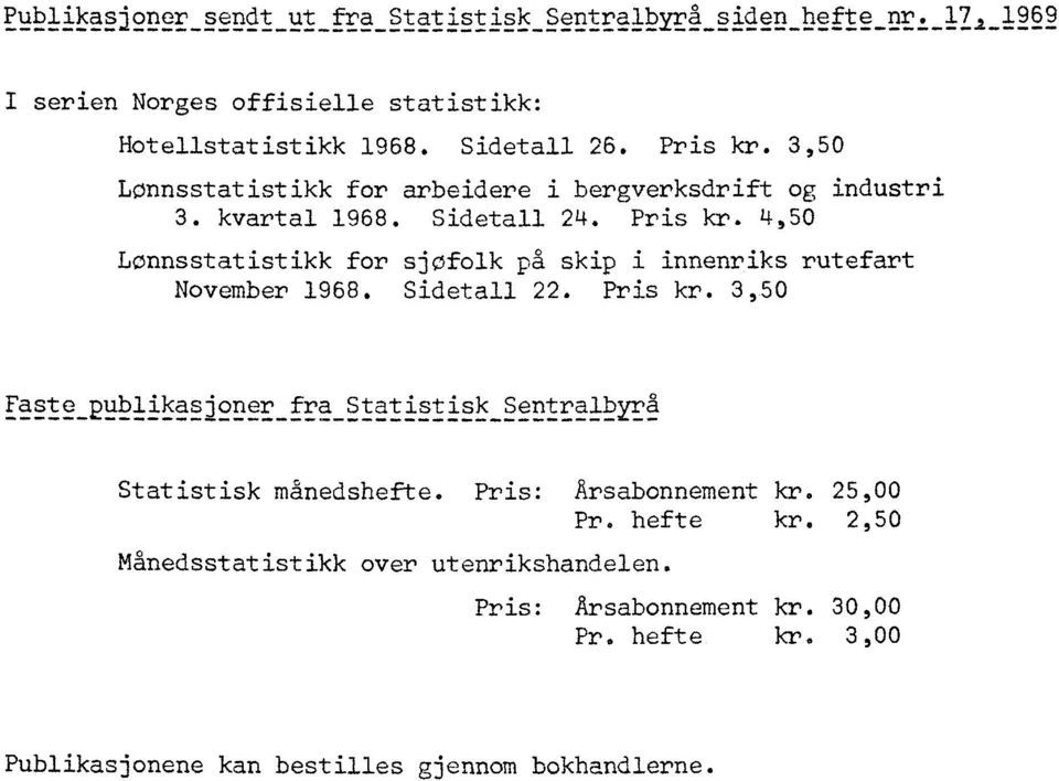 4,50 Lønnsstatistikk for sjøfolk på skip i innenriks rutefart November 1968. Sidetall 22. Pris kr.