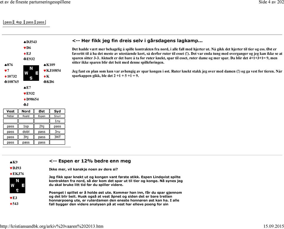 Øst er favoritt til å ha det meste av utestående kort, så derfor ruter til esset (!). Det var enda tung med overganger og jeg kan ikke se at sparen sitter 3-3.