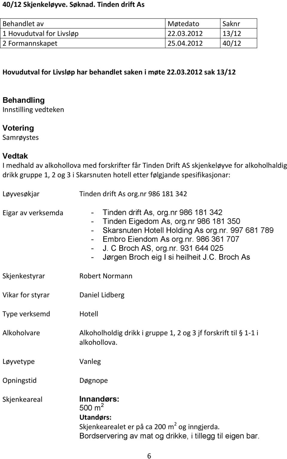 2012 sak 13/12 Innstilling vedteken I medhald av alkohollova med forskrifter får Tinden Drift AS skjenkeløyve for alkoholhaldig drikk gruppe 1, 2 og 3 i Skarsnuten hotell etter følgjande