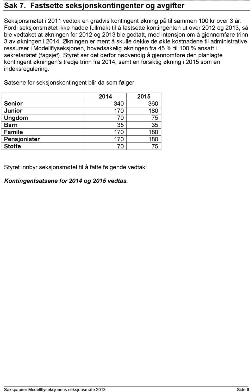 i 2014. Økningen er ment å skulle dekke de økte kostnadene til administrative ressurser i Modellflyseksjonen, hovedsakelig økningen fra 45 % til 100 % ansatt i sekretariatet (fagsjef).