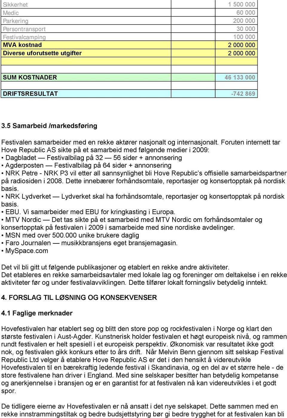 Foruten internett tar Hove Republic AS sikte på et samarbeid med følgende medier i 2009: Dagbladet Festivalbilag på 32 56 sider + annonsering Agderposten Festivalbilag på 64 sider + annonsering NRK