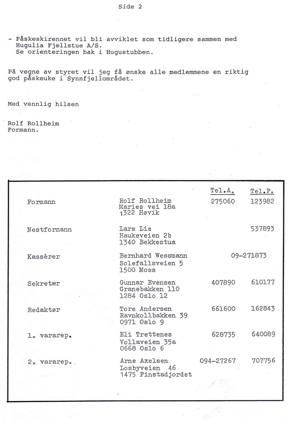 Formann Rolf Rollheim Maries vei 18a 1322 Høvik Tel.A 0 275060 Tel.