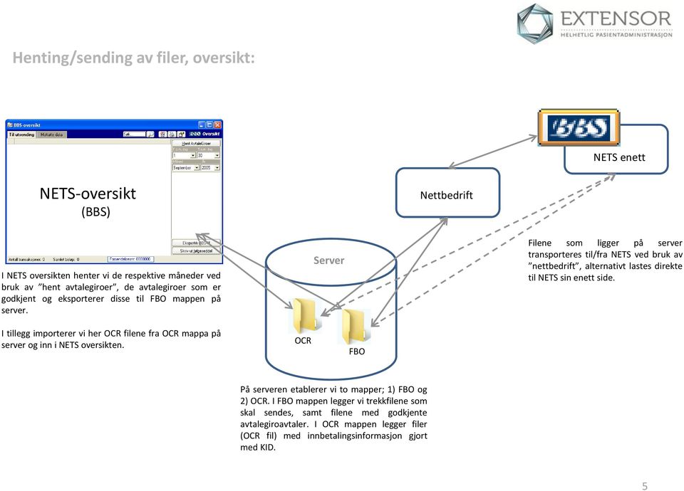 Server Filene som ligger på server transporteres til/fra NETS ved bruk av nettbedrift, alternativt lastes direkte til NETS sin enett side.
