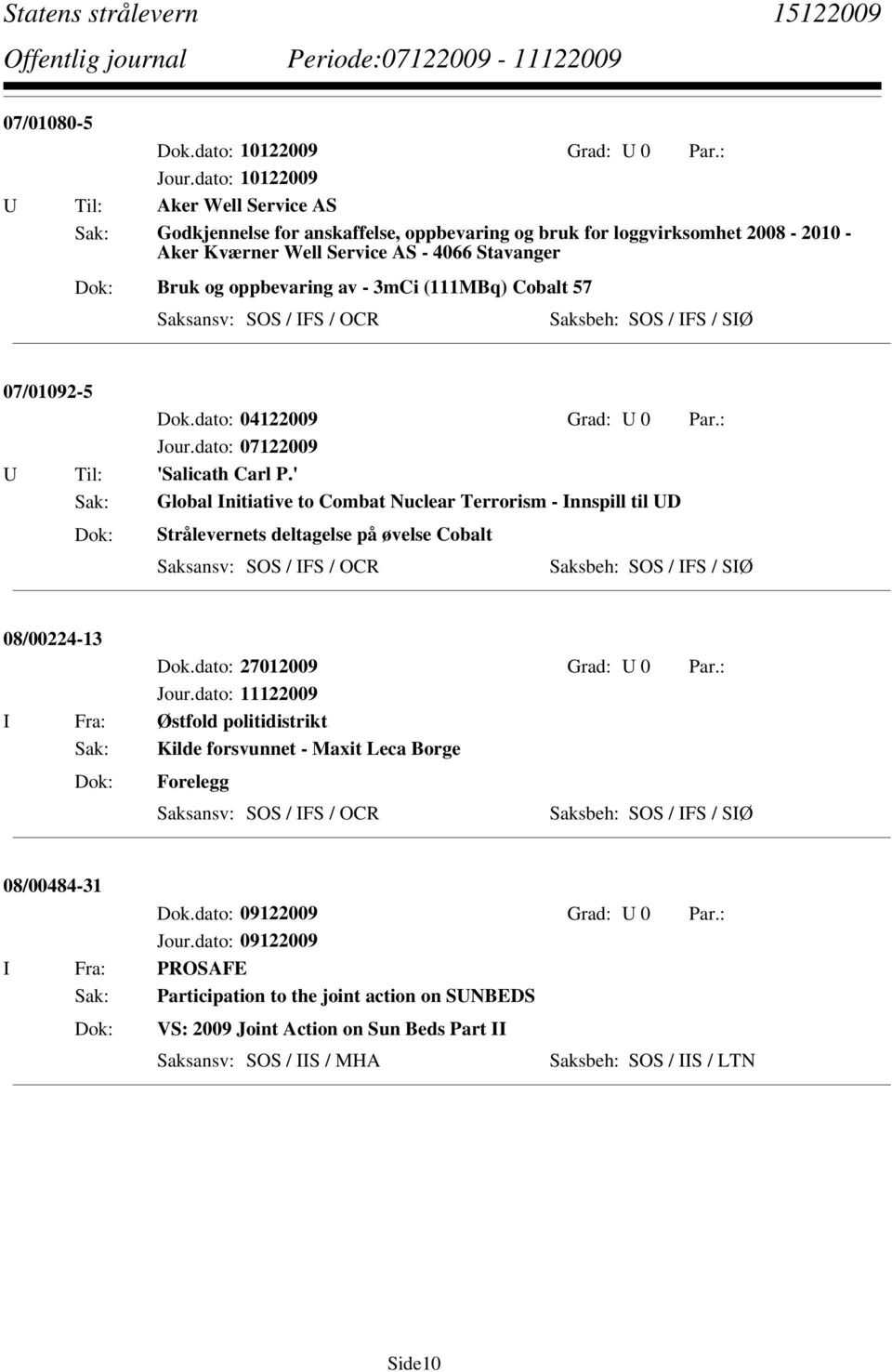 (111MBq) Cobalt 57 Saksbeh: SOS / IFS / SIØ 07/01092-5 Dok.dato: 04122009 Grad: U 0 Par.: U Til: 'Salicath Carl P.