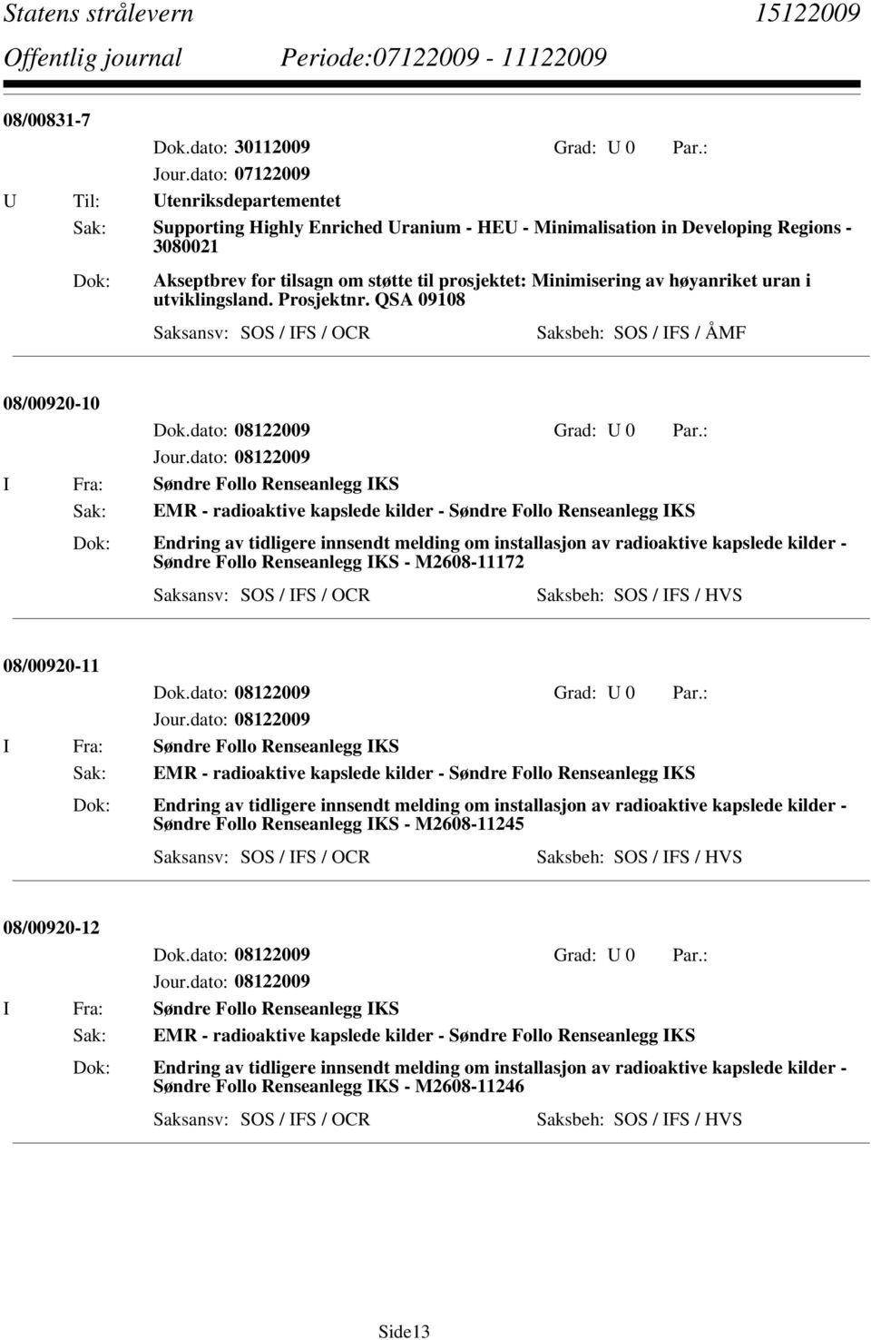 høyanriket uran i utviklingsland. Prosjektnr.