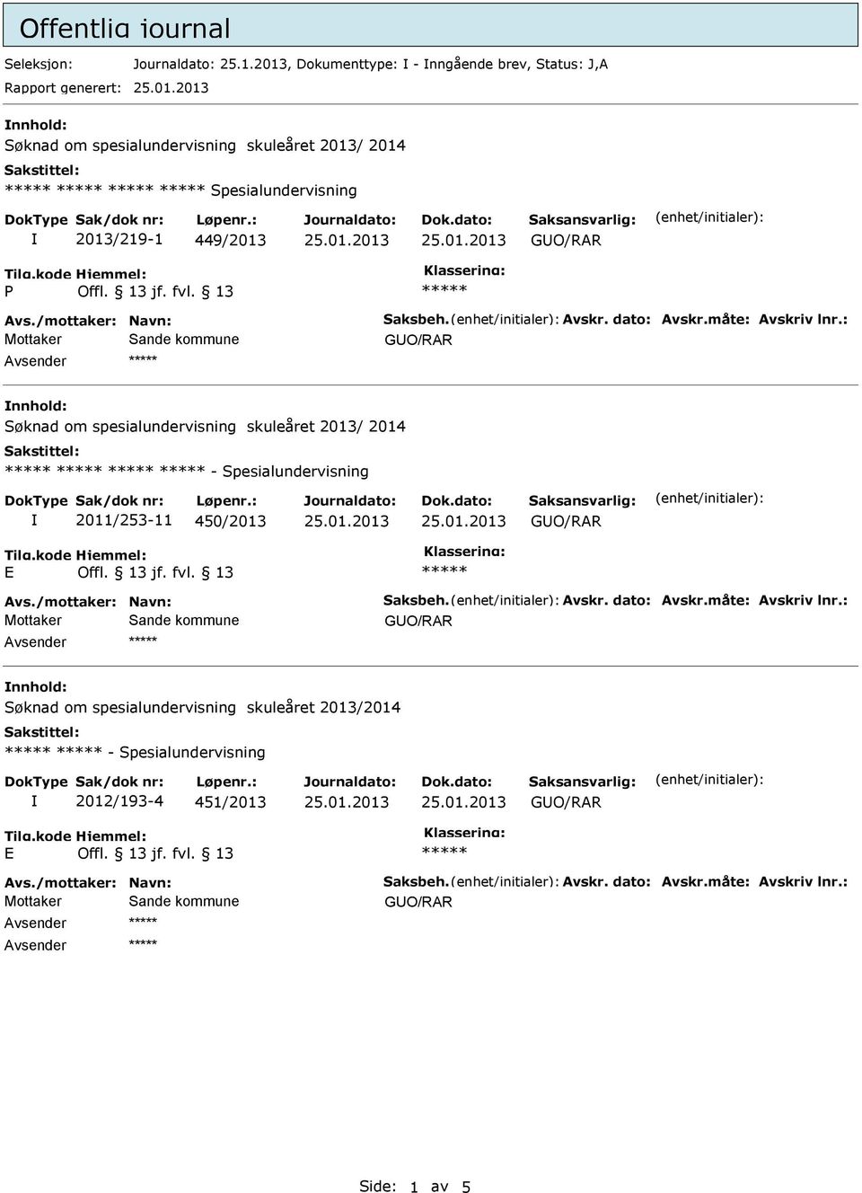 Spesialundervisning 2013/219-1 449/2013 P Avsender nnhold: Søknad om spesialundervisning skuleåret 2013/ 2014 -