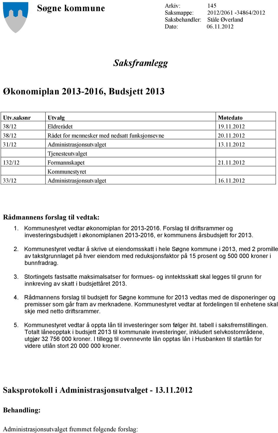 11.2012 Rådmannens forslag til vedtak: 1. Kommunestyret vedtar økonomiplan for 2013-2016. Forslag til driftsrammer og investeringsbudsjett i økonomiplanen 2013-2016, er kommunens årsbudsjett for 2013.