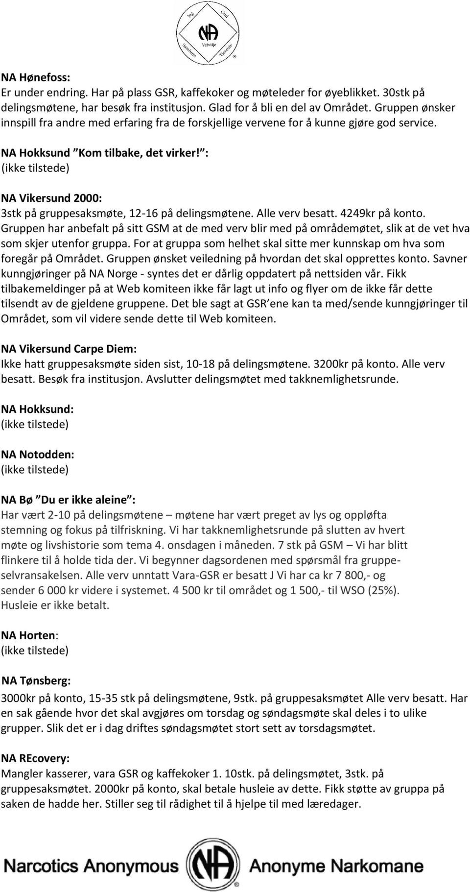 : NA Vikersund 2000: 3stk på gruppesaksmøte, 12-16 på delingsmøtene. Alle verv besatt. 4249kr på konto.