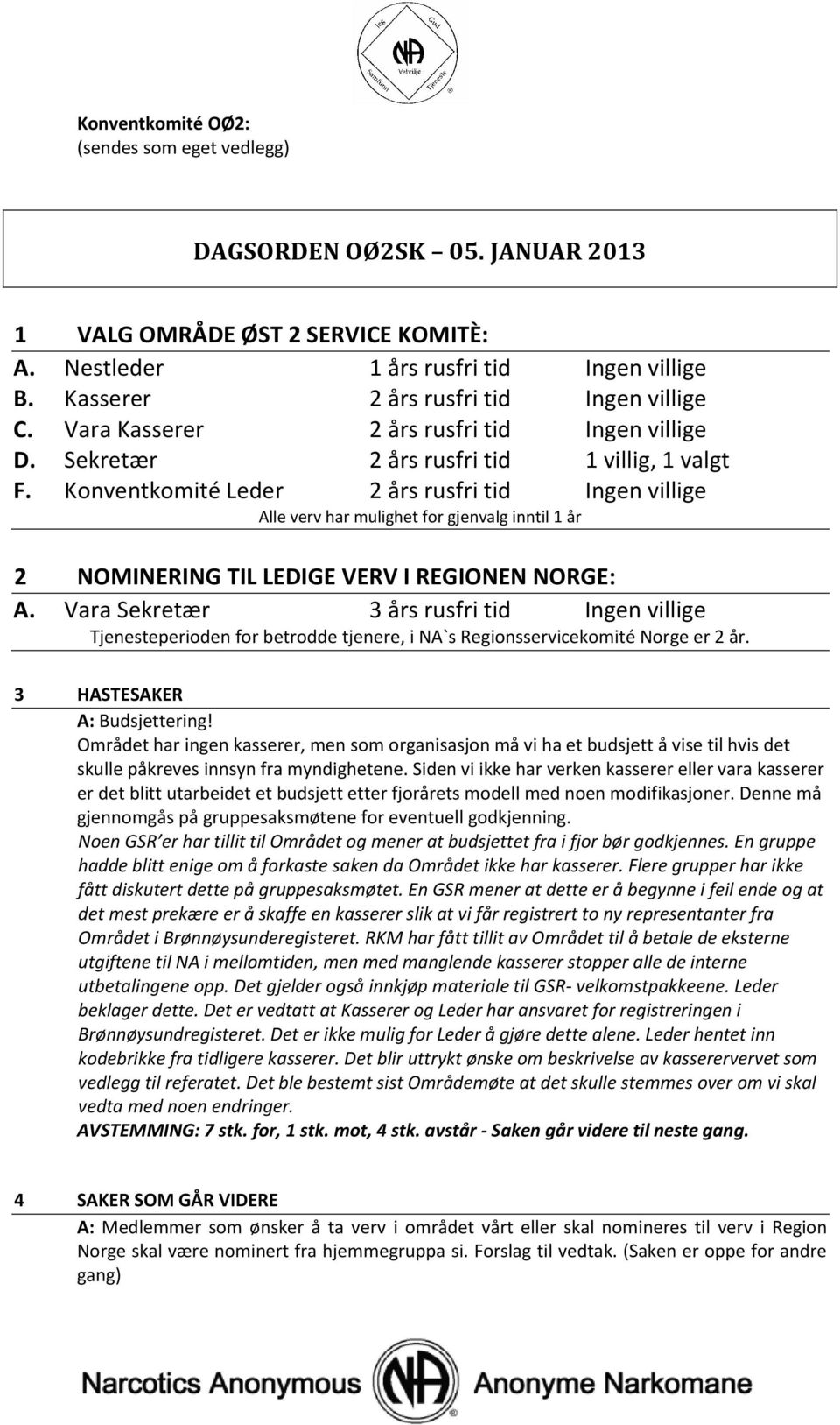 Konventkomité Leder 2 års rusfri tid Ingen villige Alle verv har mulighet for gjenvalg inntil 1 år 2 NOMINERING TIL LEDIGE VERV I REGIONEN NORGE: A.