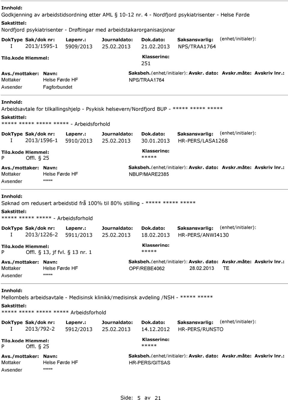 2013 NS/TRAA1764 251 NS/TRAA1764 Fagforbundet nnhold: Arbeidsavtale for tilkallingshjelp - sykisk helsevern/nordfjord B - - Arbeidsforhold 2013/1596-1 5910/2013 30.01.2013 HR-ERS/LASA1268 NB/MARE2385 nnhold: Søknad om redusert arbeidstid frå 100% til 80% stilling - - Arbeidsforhold 2013/1226-2 5911/2013 18.