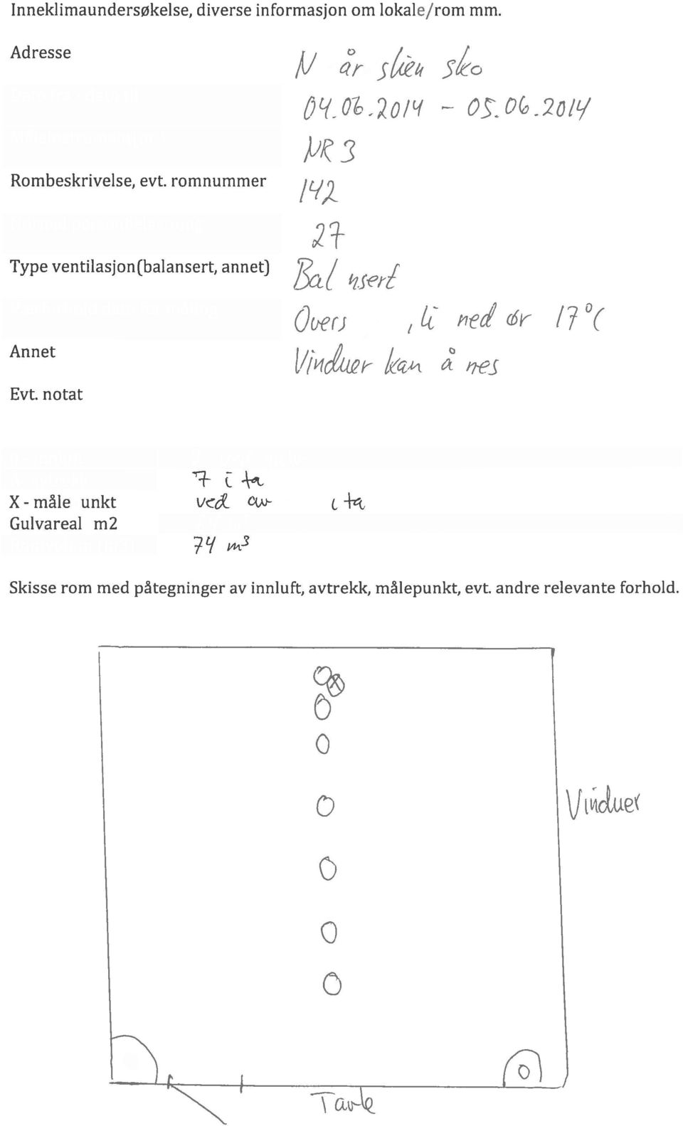 romnummer Normal personbelastning Type ventilasjon(balansert, annet) 2 - - 2ot Værforhold dato for måling Annet Crj