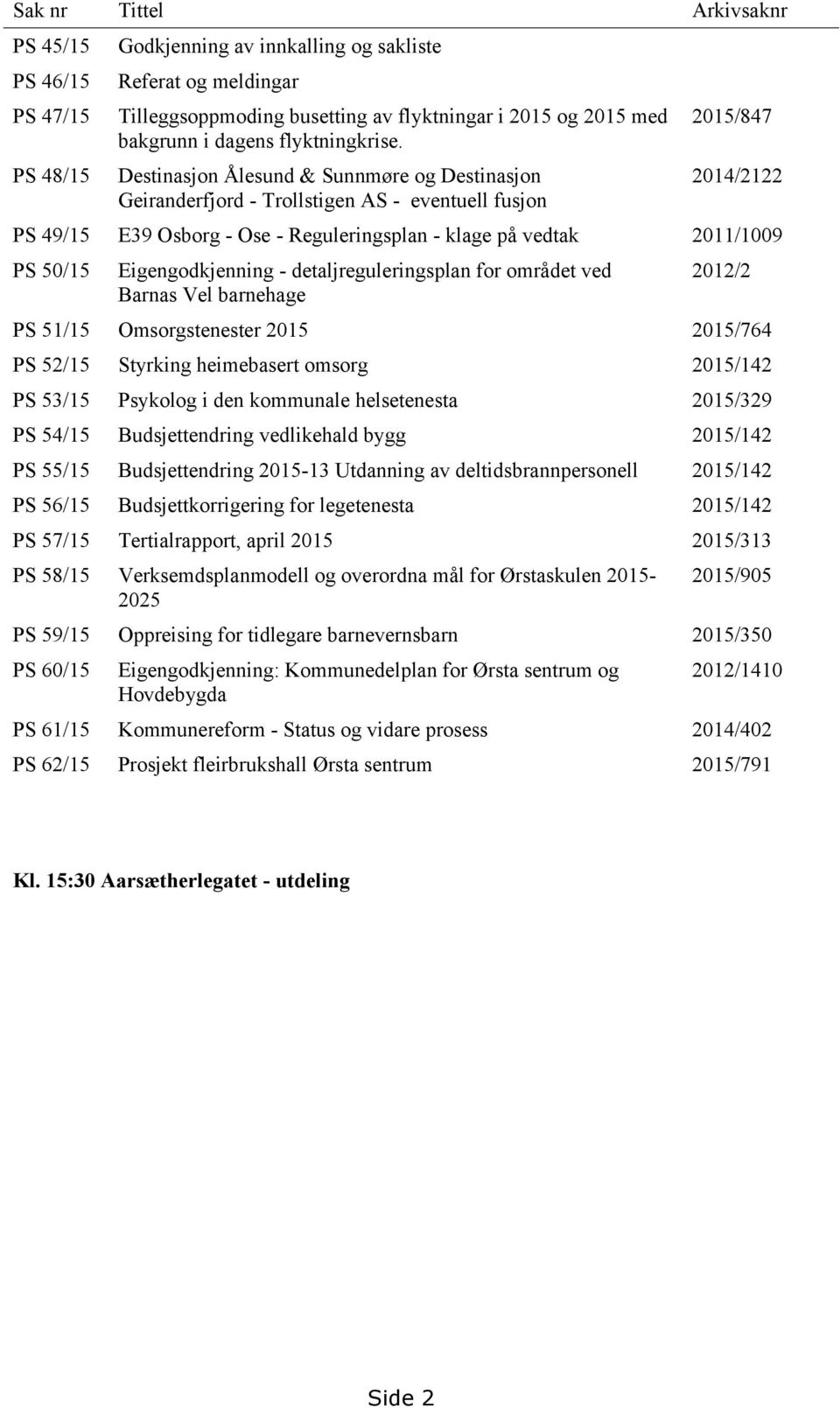 Destinasjon Ålesund & Sunnmøre og Destinasjon Geiranderfjord - Trollstigen AS - eventuell fusjon 2015/847 2014/2122 PS 49/15 E39 Osborg - Ose - Reguleringsplan - klage på vedtak 2011/1009 PS 50/15