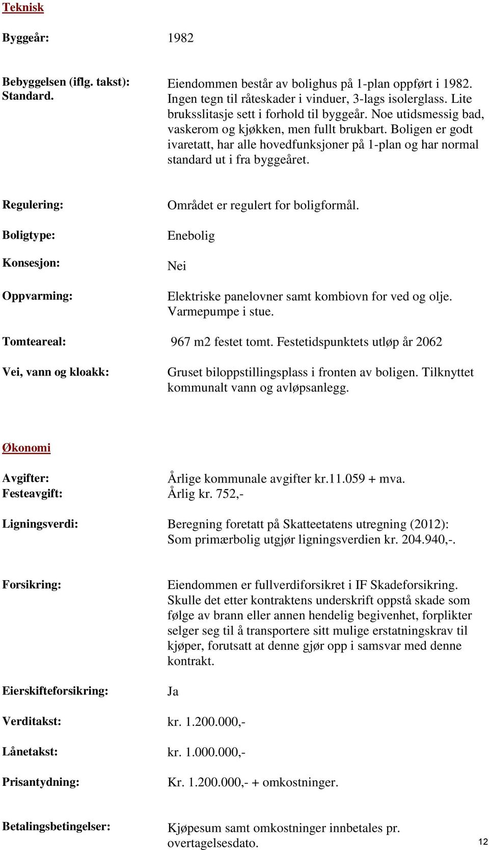 Boligen er godt ivaretatt, har alle hovedfunksjoner på 1-plan og har normal standard ut i fra byggeåret. Regulering: Boligtype: Konsesjon: Oppvarming: Området er regulert for boligformål.