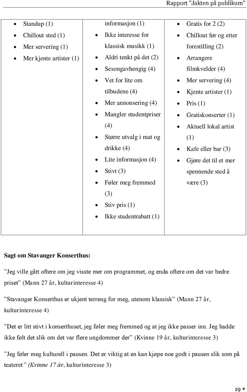 og etter forestilling (2) Arrangere filmkvelder (4) Mer servering (4) Kjente artister (1) Pris (1) Gratiskonserter (1) Aktuell lokal artist (1) Kafe eller bar (3) Gjøre det til et mer spennende sted