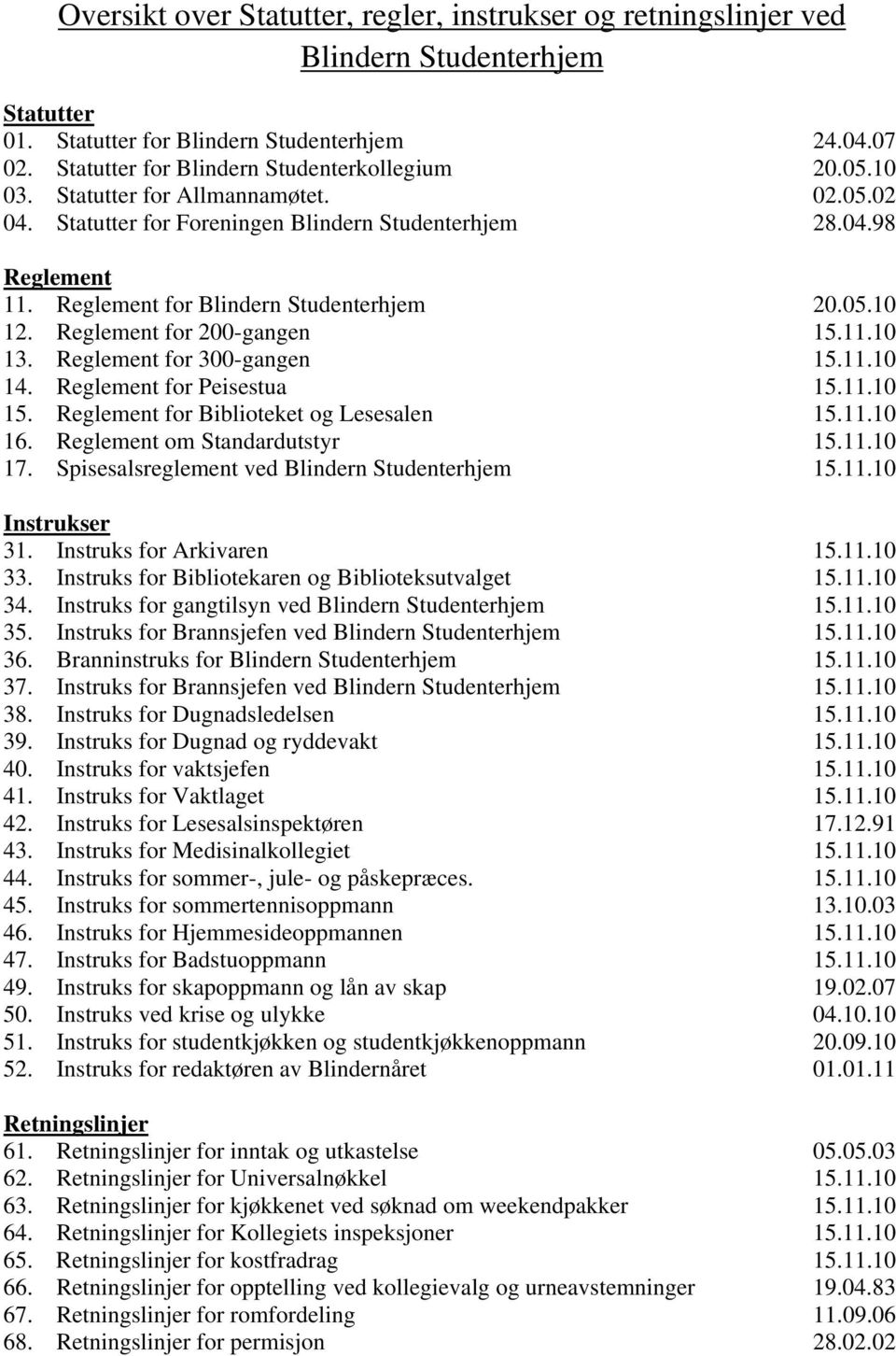 Reglement for 200-gangen 15.11.10 13. Reglement for 300-gangen 15.11.10 14. Reglement for Peisestua 15.11.10 15. Reglement for Biblioteket og Lesesalen 15.11.10 16. Reglement om Standardutstyr 15.11.10 17.