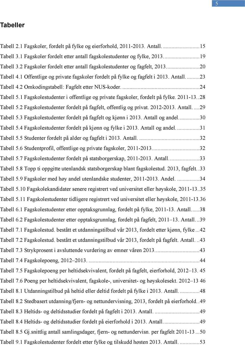 2 Omkodingstabell: Fagfelt etter NUS-koder.... 24 Tabell 5.1 Fagskolestudenter i offentlige og private fagskoler, fordelt på fylke. 2011-13.. 28 Tabell 5.