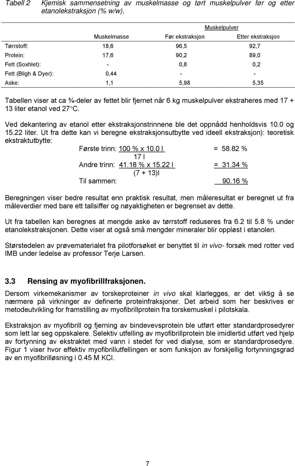 at ca ¾-deler av fettet blir fjernet når 6 kg muskelpulver ekstraheres med 17 + 13 liter etanol ved 27 C. Ved dekantering av etanol etter ekstraksjonstrinnene ble det oppnådd henholdsvis 10.0 og 15.