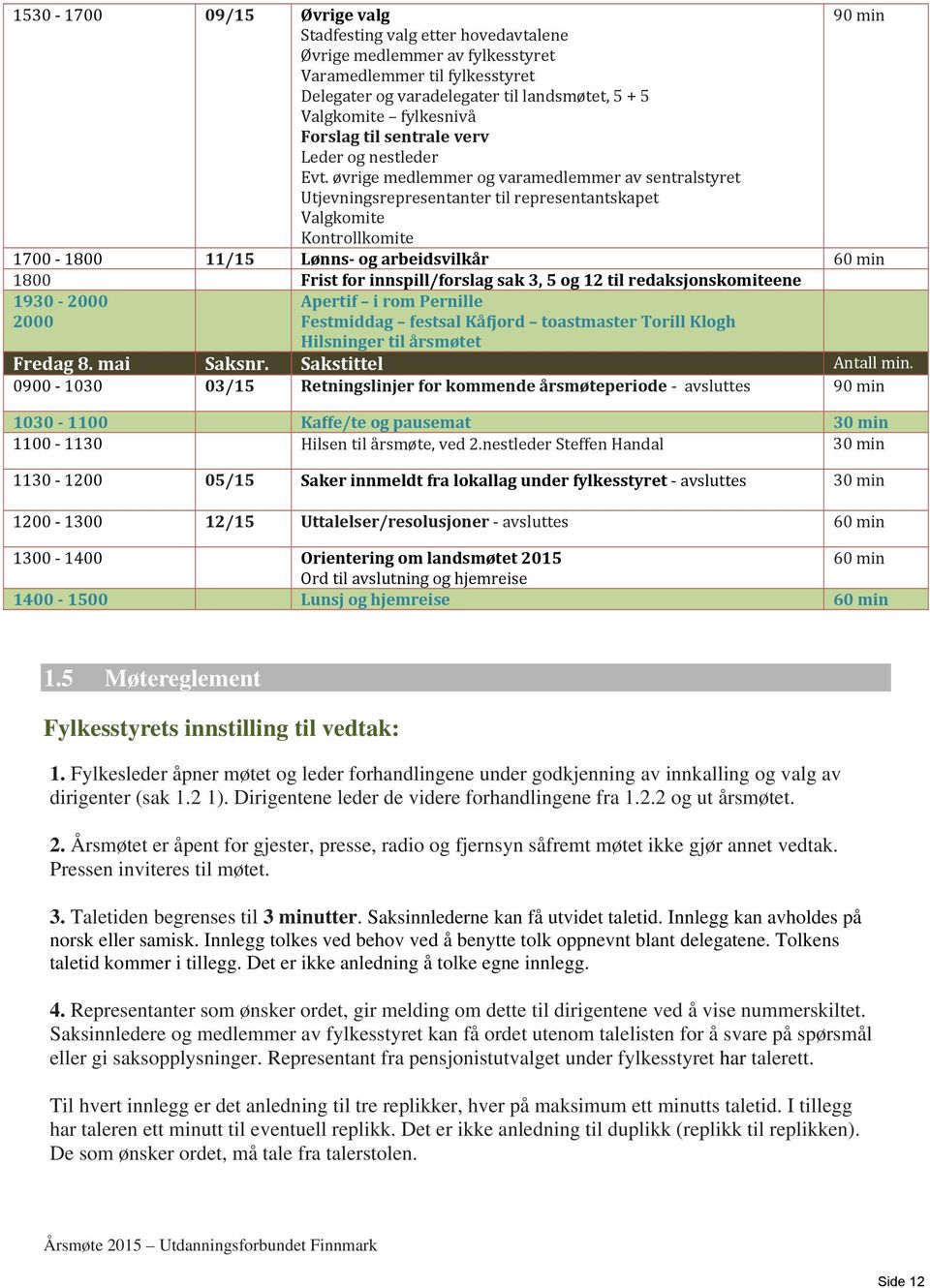 øvrige medlemmer og varamedlemmer av sentralstyret Utjevningsrepresentanter til representantskapet Valgkomite Kontrollkomite 1700 1800 11/15 Lønns og arbeidsvilkår 60 min 1800 Frist for