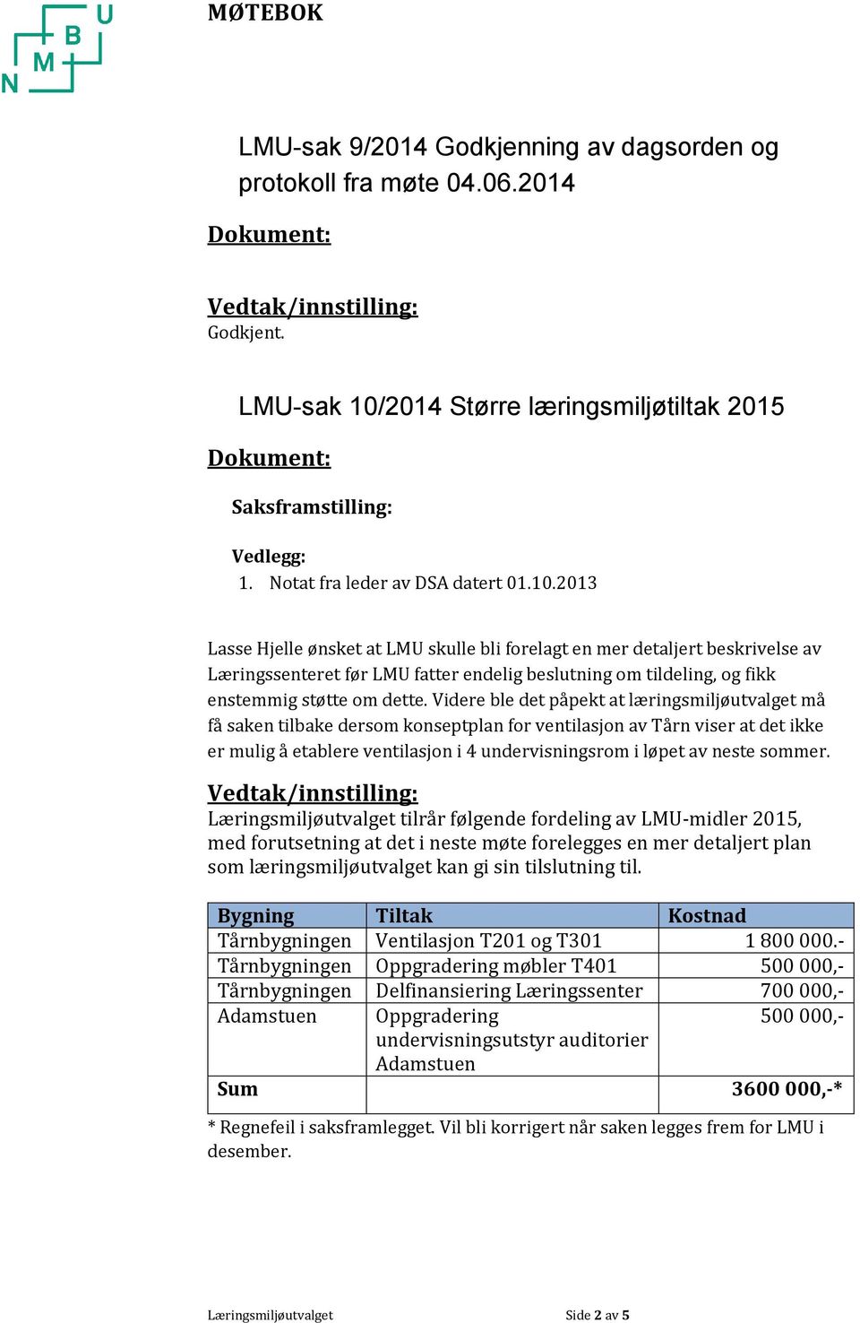 Videre ble det påpekt at læringsmiljøutvalget må få saken tilbake dersom konseptplan for ventilasjon av Tårn viser at det ikke er mulig å etablere ventilasjon i 4 undervisningsrom i løpet av neste