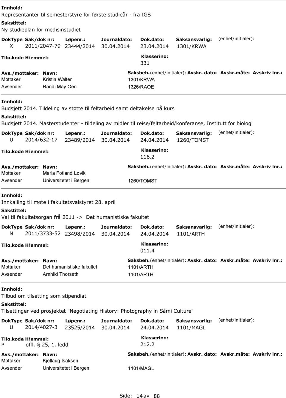 Masterstudenter - tildeling av midler til reise/feltarbeid/konferanse, nstitutt for biologi 2014/632-17 23489/2014 24.04.2014 1260/TOM 116.2 Avs./mottaker: avn: Saksbeh. Avskr. dato: Avskr.