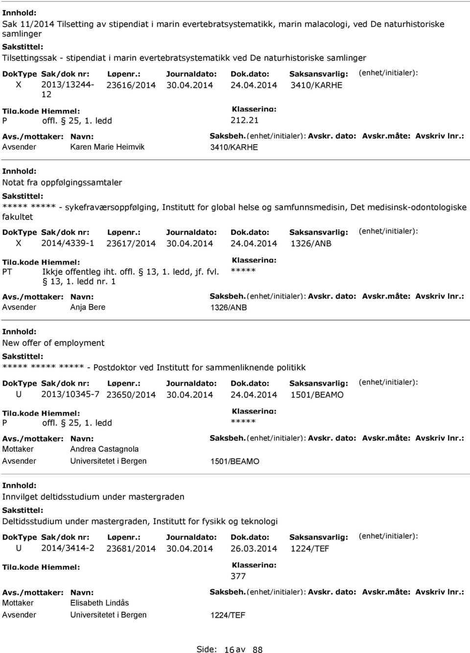 : Karen Marie Heimvik 3410/KARHE otat fra oppfølgingssamtaler - sykefraværsoppfølging, nstitutt for global helse og samfunnsmedisin, Det medisinsk-odontologiske fakultet 2014/4339-1 23617/2014 24.04.