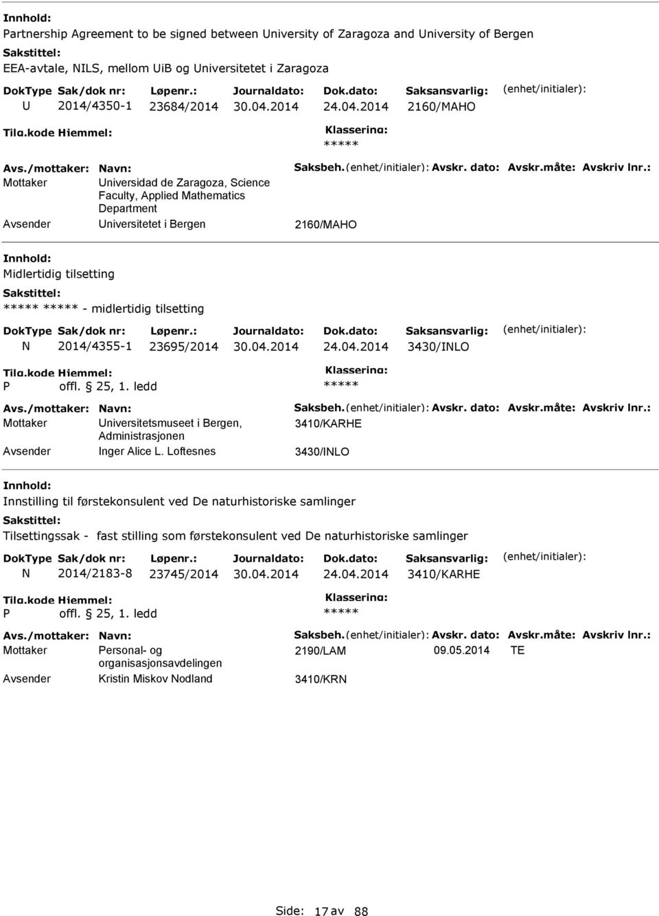 : Mottaker niversidad de Zaragoza, Science Faculty, Applied Mathematics Department niversitetet i Bergen 2160/MAHO Midlertidig tilsetting - midlertidig tilsetting 2014/4355-1 23695/2014 24.04.