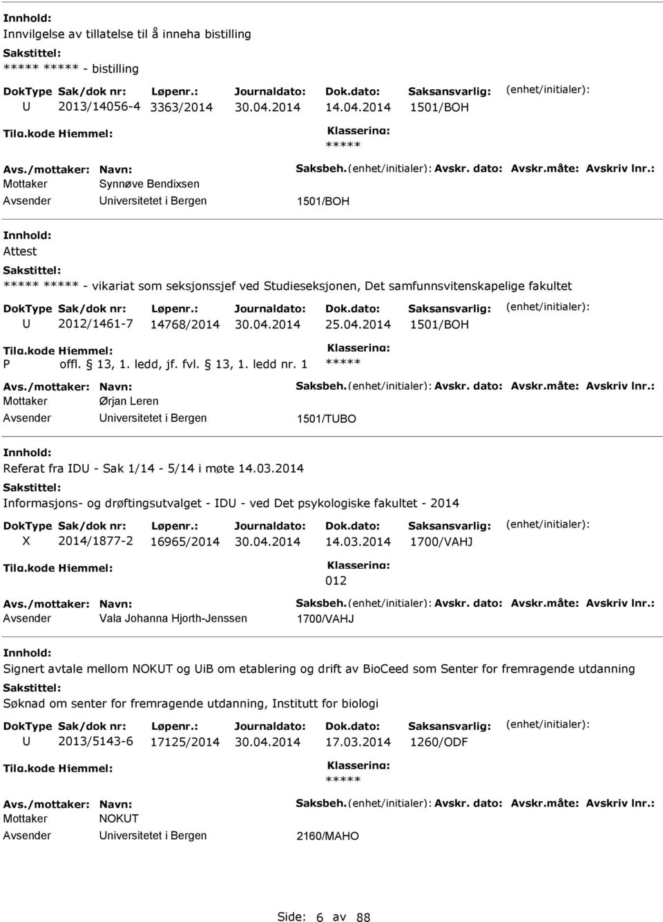 /mottaker: avn: Saksbeh. Avskr. dato: Avskr.måte: Avskriv lnr.: Mottaker Ørjan Leren niversitetet i Bergen 1501/TBO Referat fra D - Sak 1/14-5/14 i møte 14.03.