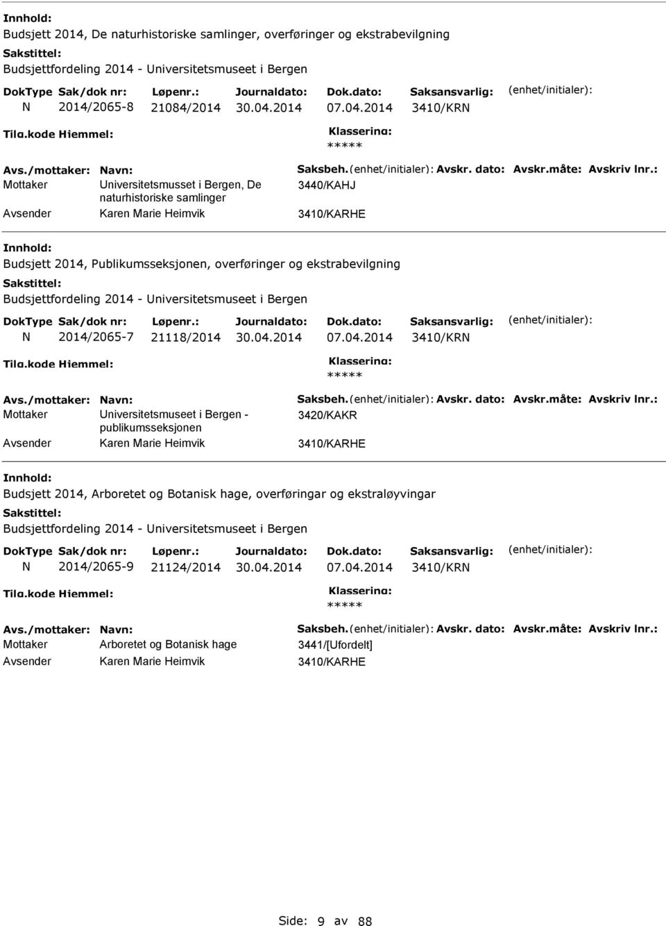 : Mottaker niversitetsmusset i Bergen, De 3440/KAHJ naturhistoriske samlinger Karen Marie Heimvik 3410/KARHE Budsjett 2014, ublikumsseksjonen, overføringer og ekstrabevilgning Budsjettfordeling 2014