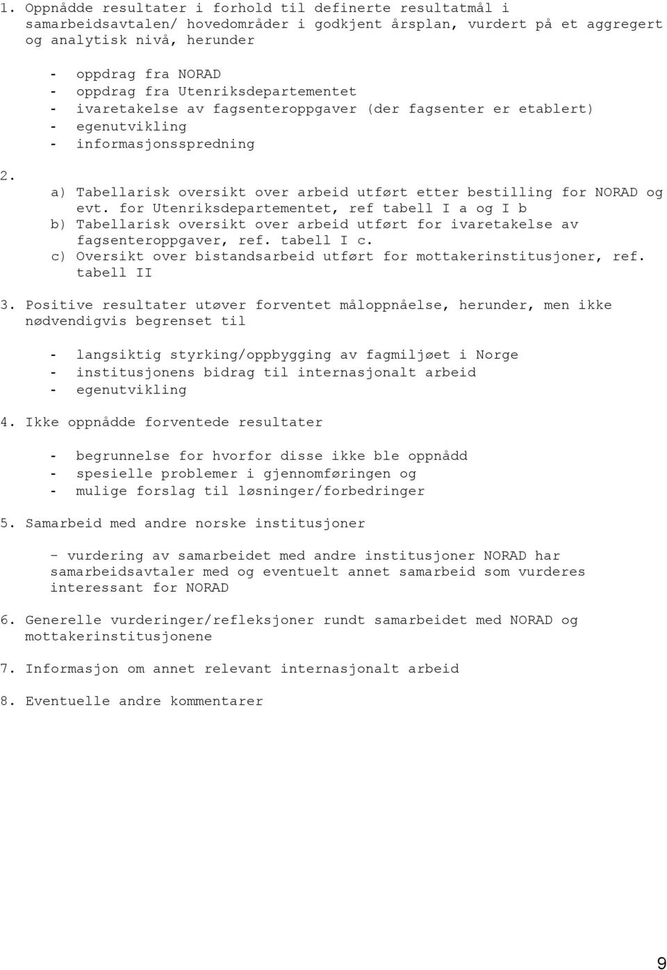 a) Tabellarisk oversikt over arbeid utført etter bestilling for NORAD og evt.