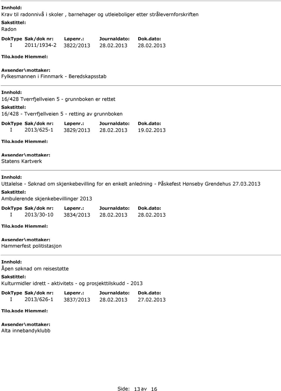 2013 Statens Kartverk ttalelse - Søknad om skjenkebevilling for en enkelt anledning - Påskefest Hønseby Grendehus 27.03.