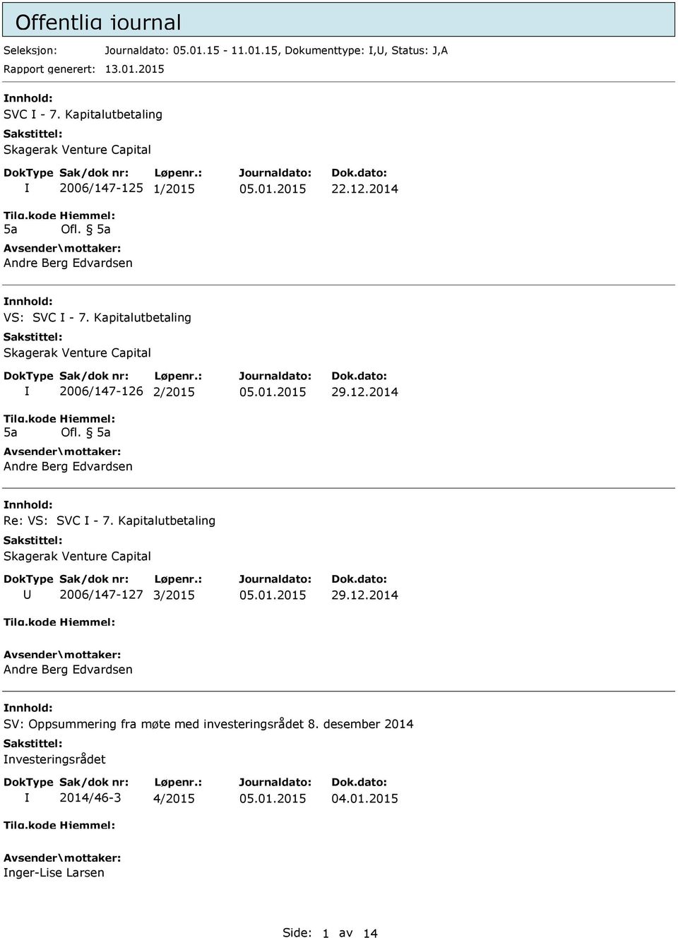 Kapitalutbetaling Skagerak Venture Capital Tilg.kode 5a 2006/147-126 2/2015 Hjemmel: Ofl. 5a Andre Berg Edvardsen 29.12.2014 Re: VS: SVC - 7.