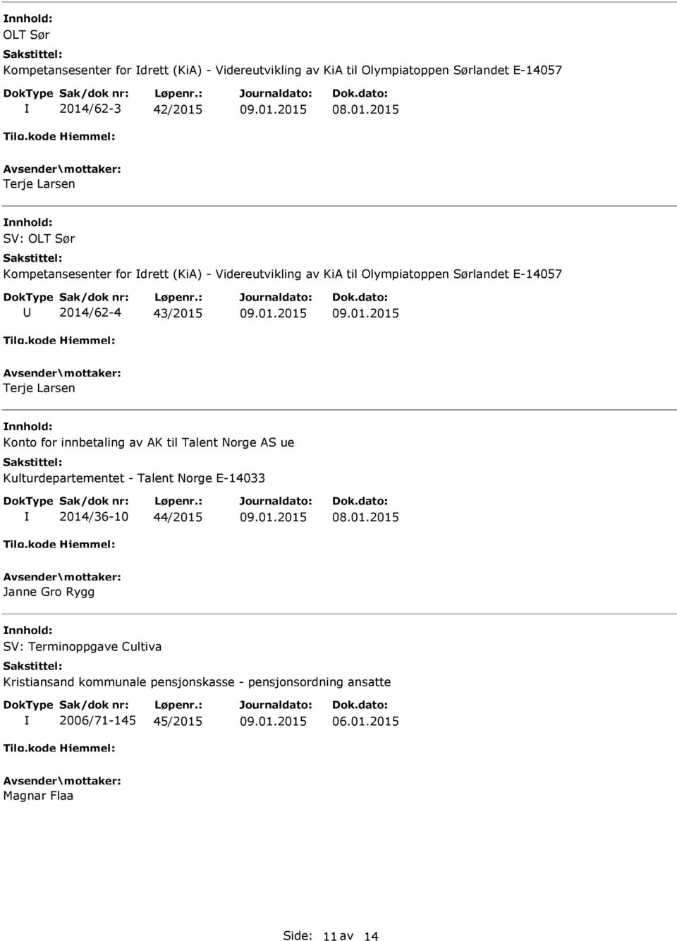 Larsen Konto for innbetaling av AK til Talent Norge AS ue Kulturdepartementet - Talent Norge E-14033 2014/36-10 44/2015 Janne Gro